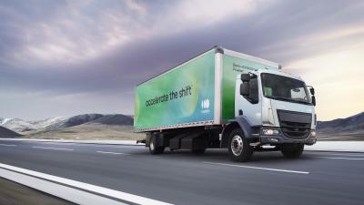 Accelera battery electric truck driving down a highway during the day