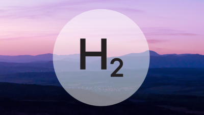 Blue and purple mountain range with an opaque white circle and the word  H2 in black text.