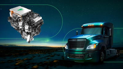 A fuel cell engine rendering and fuel cell truck